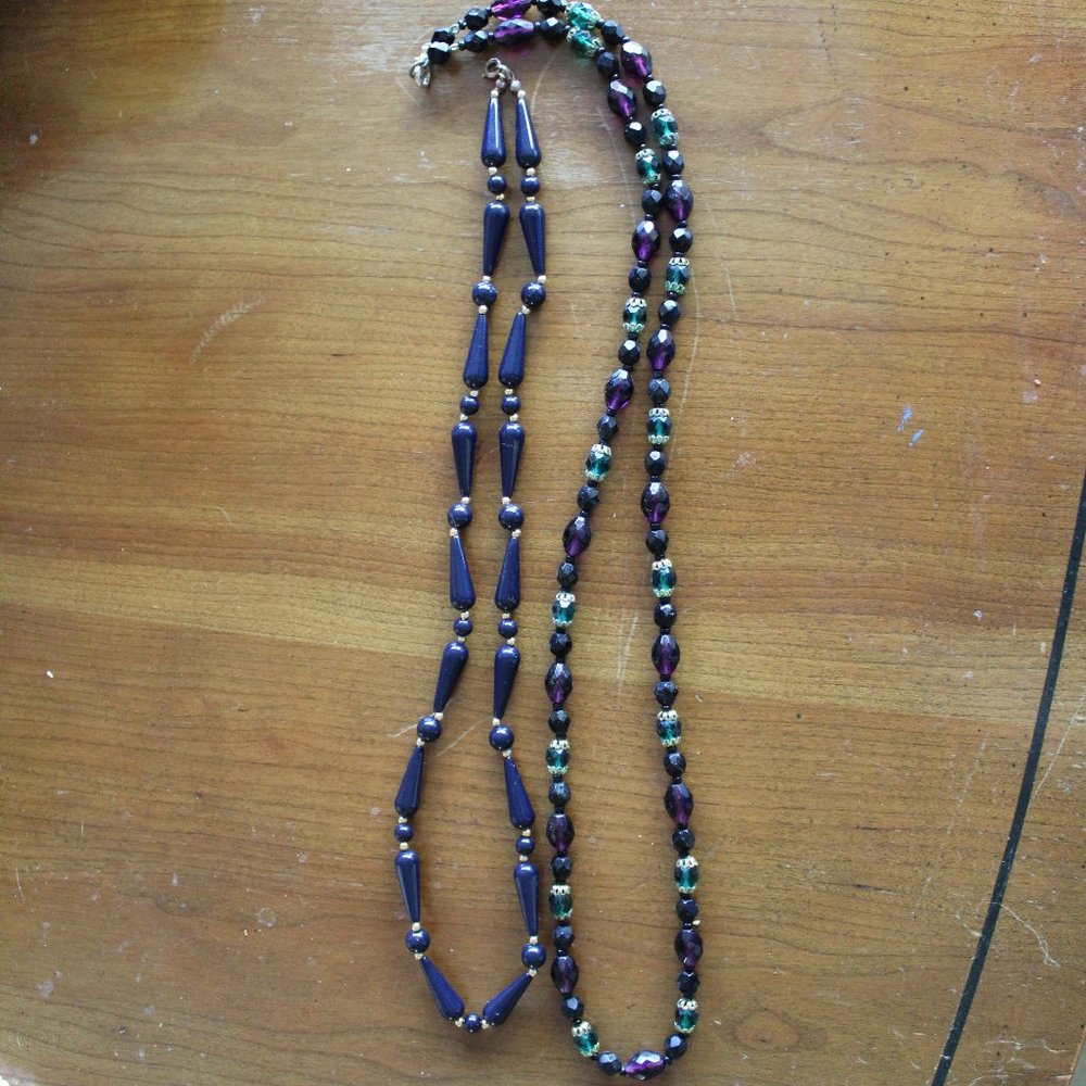 Set of 2 Necklaces. Purple & Green Beaded Necklace/Blue & Gold Beaded Necklace
